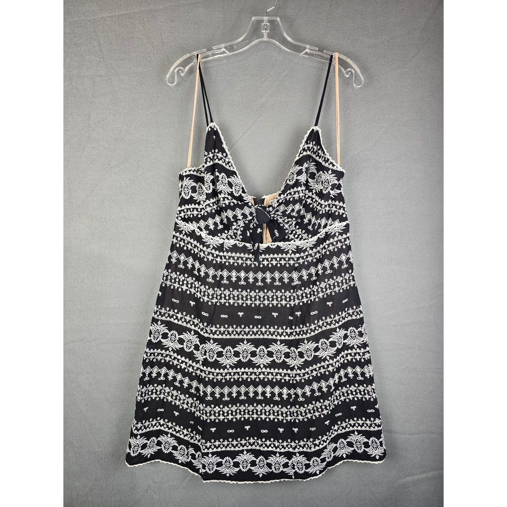 Alice+Olivia Roe Embroidered Tie-Front Mini Dress Black White Sleeveless Boho